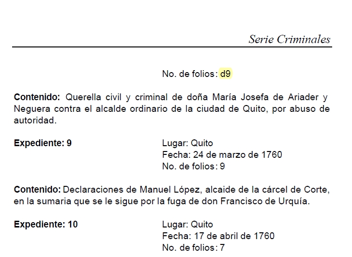 En la serie Criminales (caja 47, expediente 8, s/n) el número de folios es incierto. Indica 'd9'